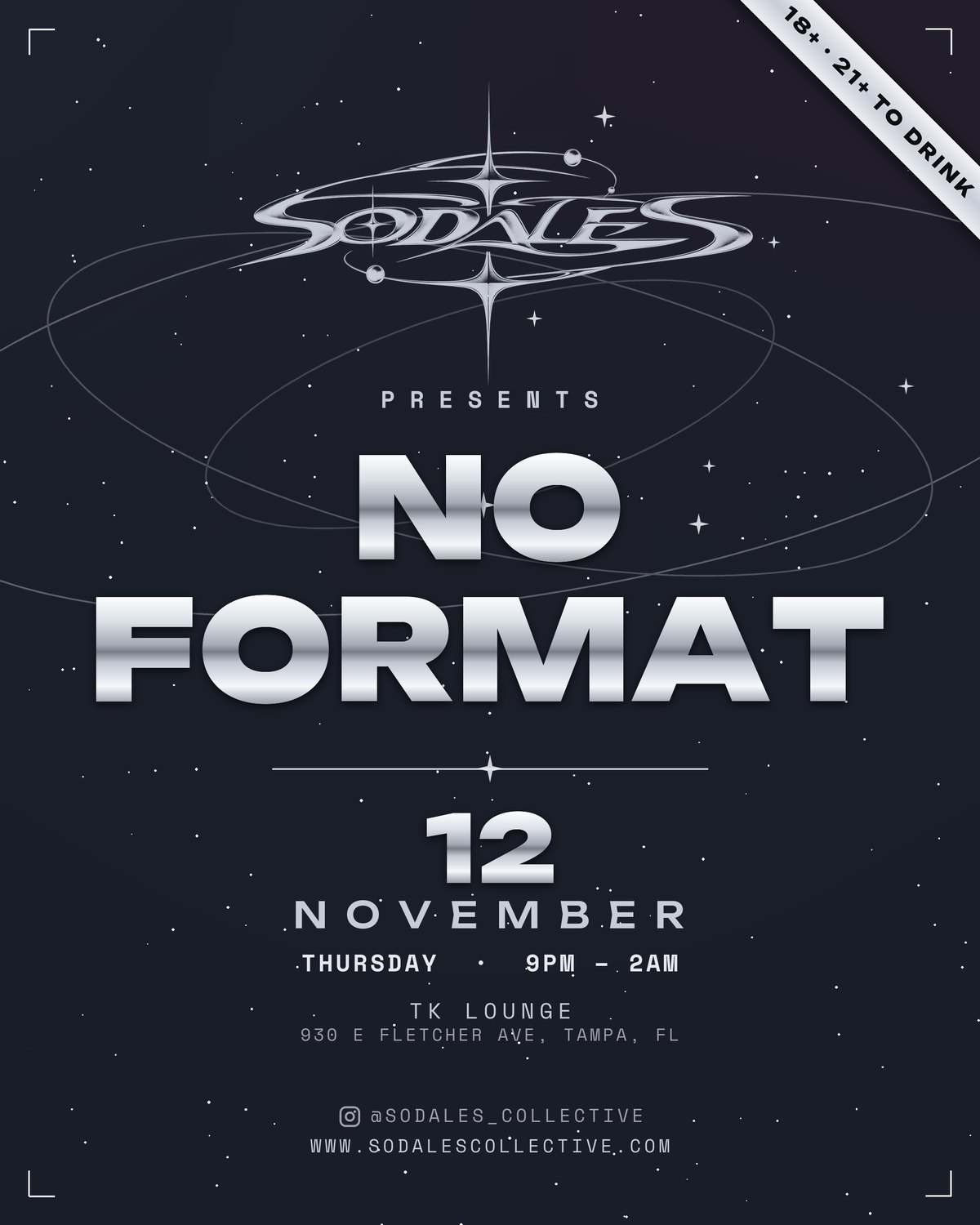Poster for Sodales presents No Format, Thursday November 12 at TK Lounge, Tampa